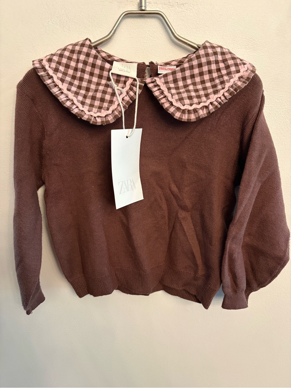 ZARA Girls Brown Sweater with Pink Gingham Peter Pan Collar 4T